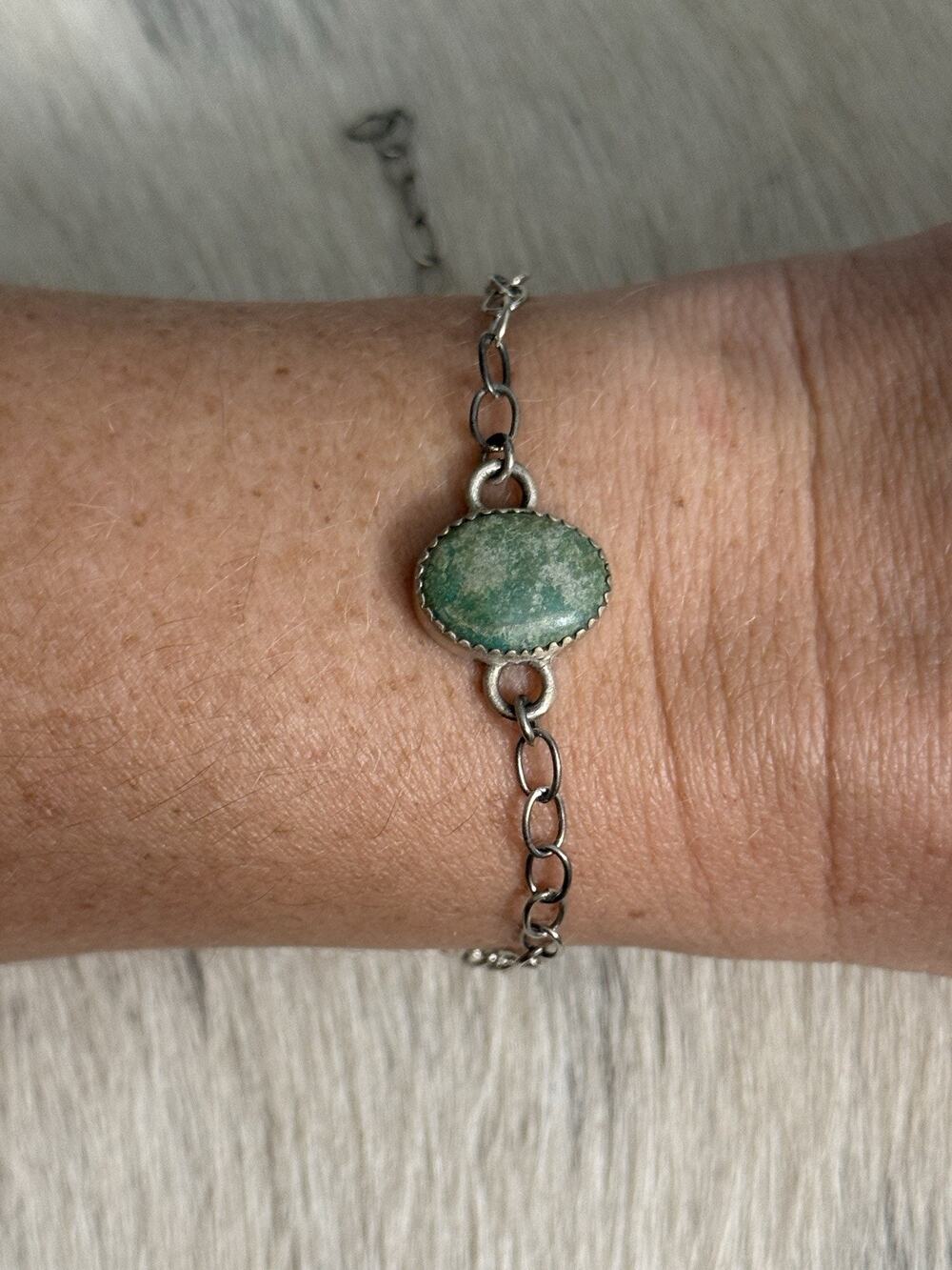 Sterling Silver Green Emerald Valley Turquoise Oval Link Bracelet Stacker 8”